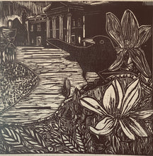 Load image into Gallery viewer, illustration of Blackbird in National Trust landscape printed on recycled Irish Linen