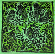 Load image into Gallery viewer, green finches printed on recycled Irish Linen
