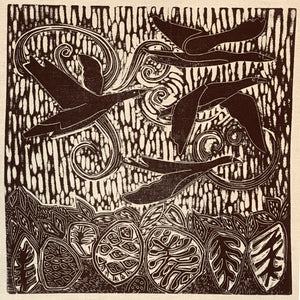 linocut print on recycled linen depicting Brent Geese in Ireland 