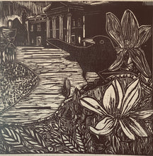 Load image into Gallery viewer, illustration of Blackbird in National Trust landscape printed on recycled Irish Linen
