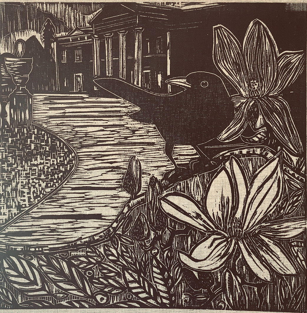 illustration of Blackbird in National Trust landscape printed on recycled Irish Linen